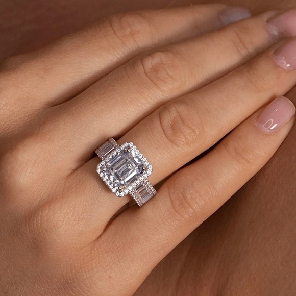 Sterling Silver Baguette Ring Square Cut Zircon - Picture 1 of 11